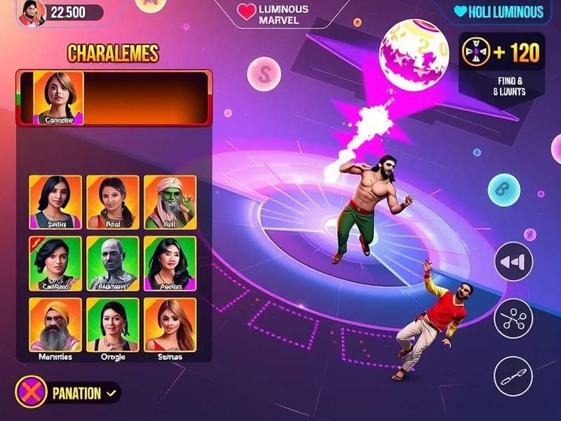 Holi Luminous Marvel character selection screen with diverse Indian-inspired avatars